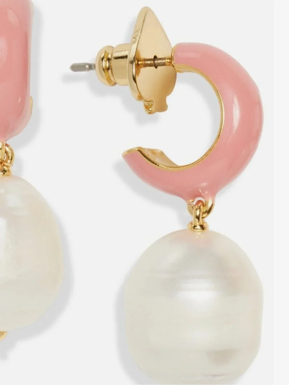 Kate Spade Pink Enamel Huggie Hoop Faux Baroque Pearl Drop Earrings